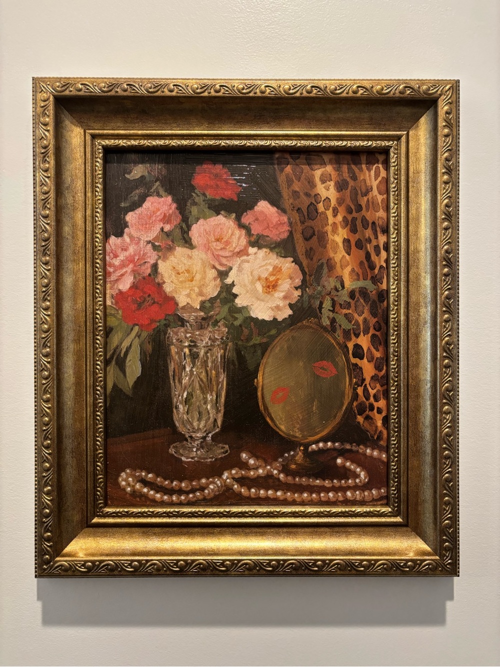 Ornate Gold-Framed Floral Still Life Painting - Pink & Red Roses
